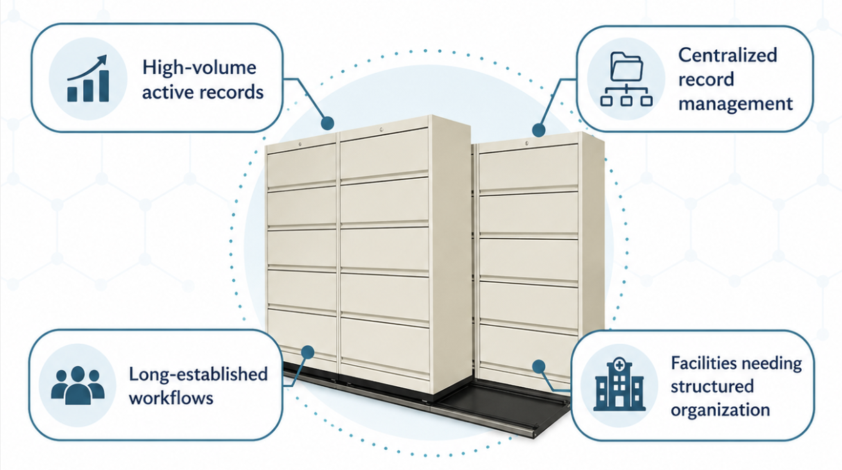 File cabinets for organized healthcare record storage
